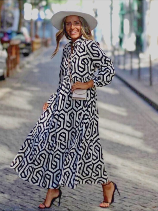 Zara Dresses & Skirts - Zara Ivory Black Geometric Pattern Long Sleeve Cotton Tiered Maxi Dress Small